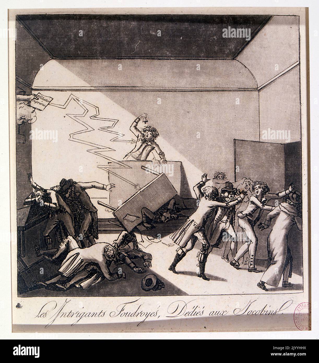 L'illustrazione satirica intitolata 'gli schemi di tuono creati dai giacobini'; una scena caotica con persone che corrono per la copertura. Foto Stock