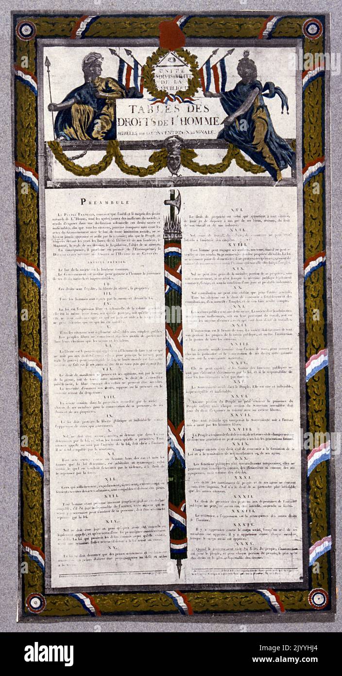 Stampa colorata della Dichiarazione dei diritti dell'uomo, Costituzione francese del 1793. Foto Stock