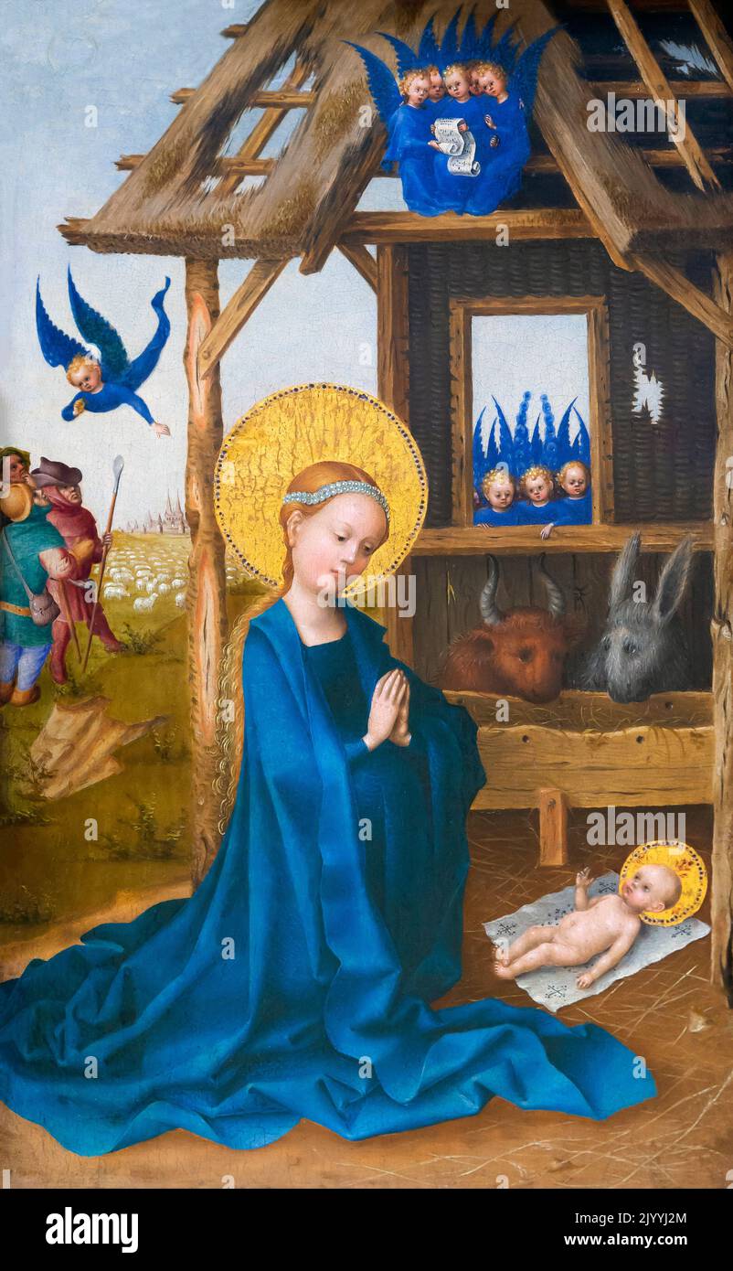 La nascita di Cristo, Stefan Lochner, 1445, Alte Pinakothek, Monaco di Baviera, Germania, Europa Foto Stock