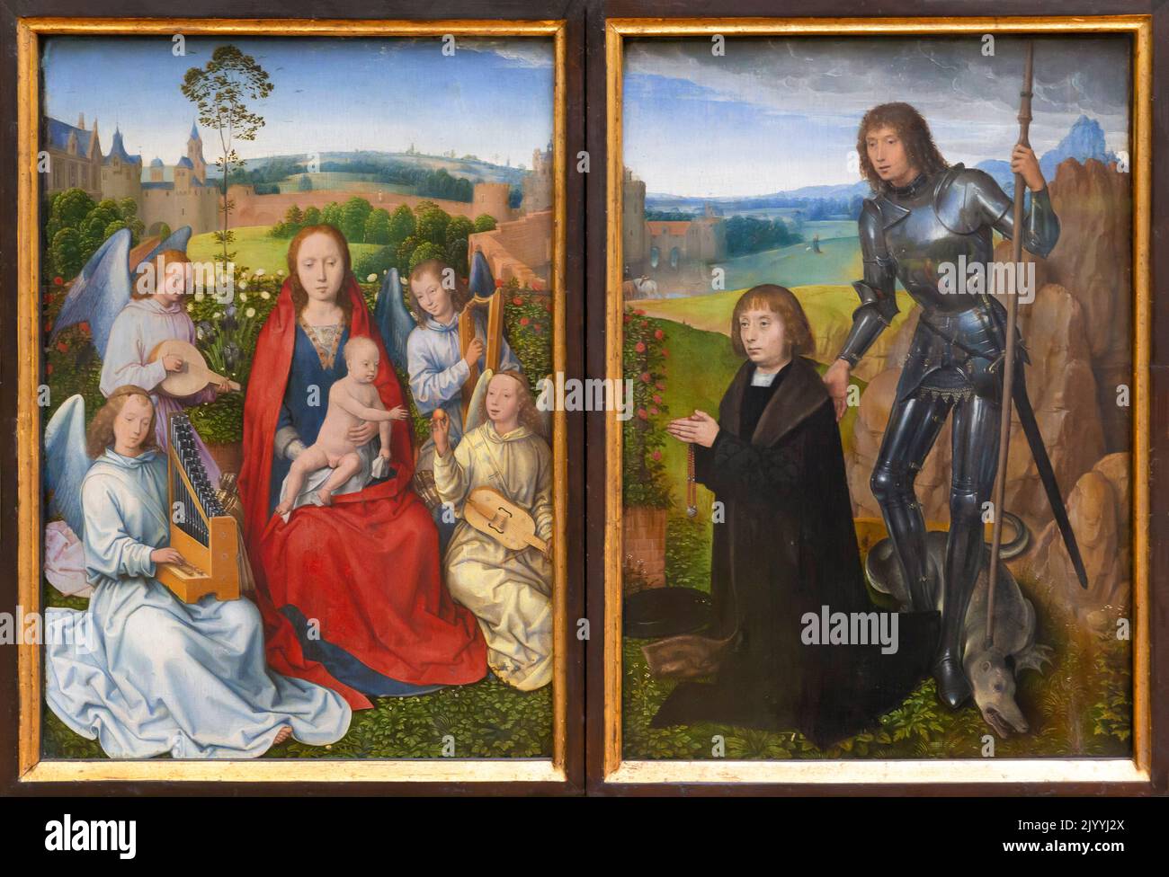 Diptych, Madonna del rosone e San Giorgio con donatore, Hans memling, circa 1490. Alte Pinakothek, Monaco di Baviera, Germania, Europa Foto Stock