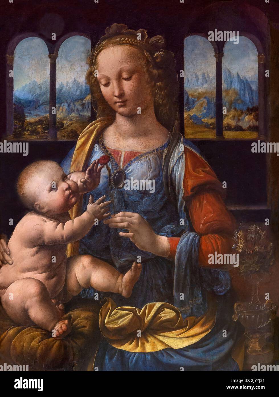 Madonna del garofano, Leonardo da Vinci, circa 1475, Alte Pinakothek, Monaco, Germania, Europa Foto Stock