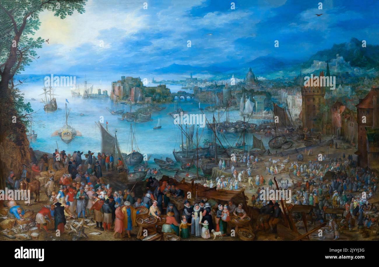 Il grande mercato del pesce, Jan Brueghel il Vecchio, 1603. Alte Pinakothek, Monaco di Baviera, Germania, Europa Foto Stock