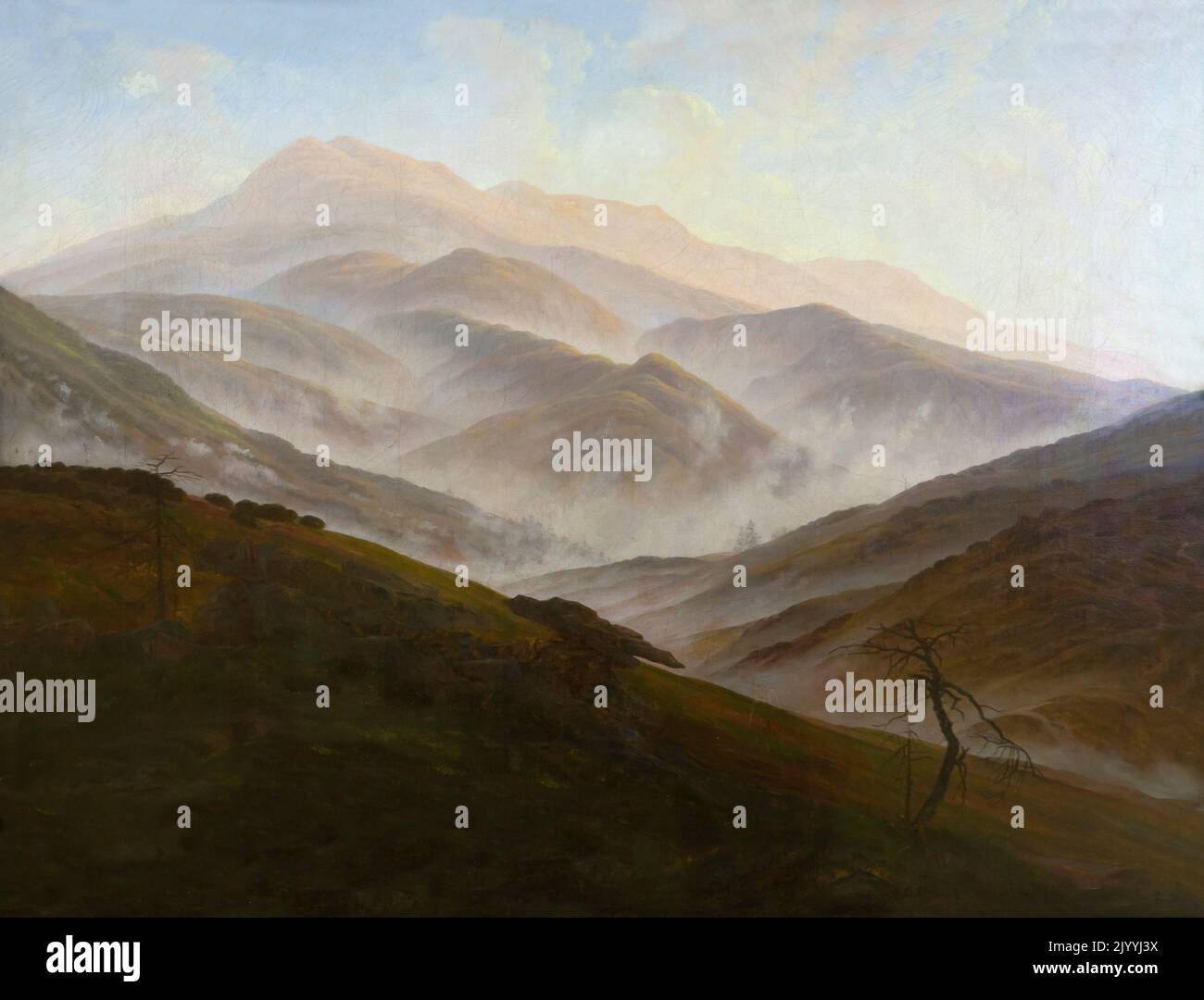 Paesaggio di Riesengebirge con la nebbia di Rising, Caspar David Friedrich, circa 1819-1820, Neue Pinakothek, Monaco di Baviera, Germania, Europa Foto Stock