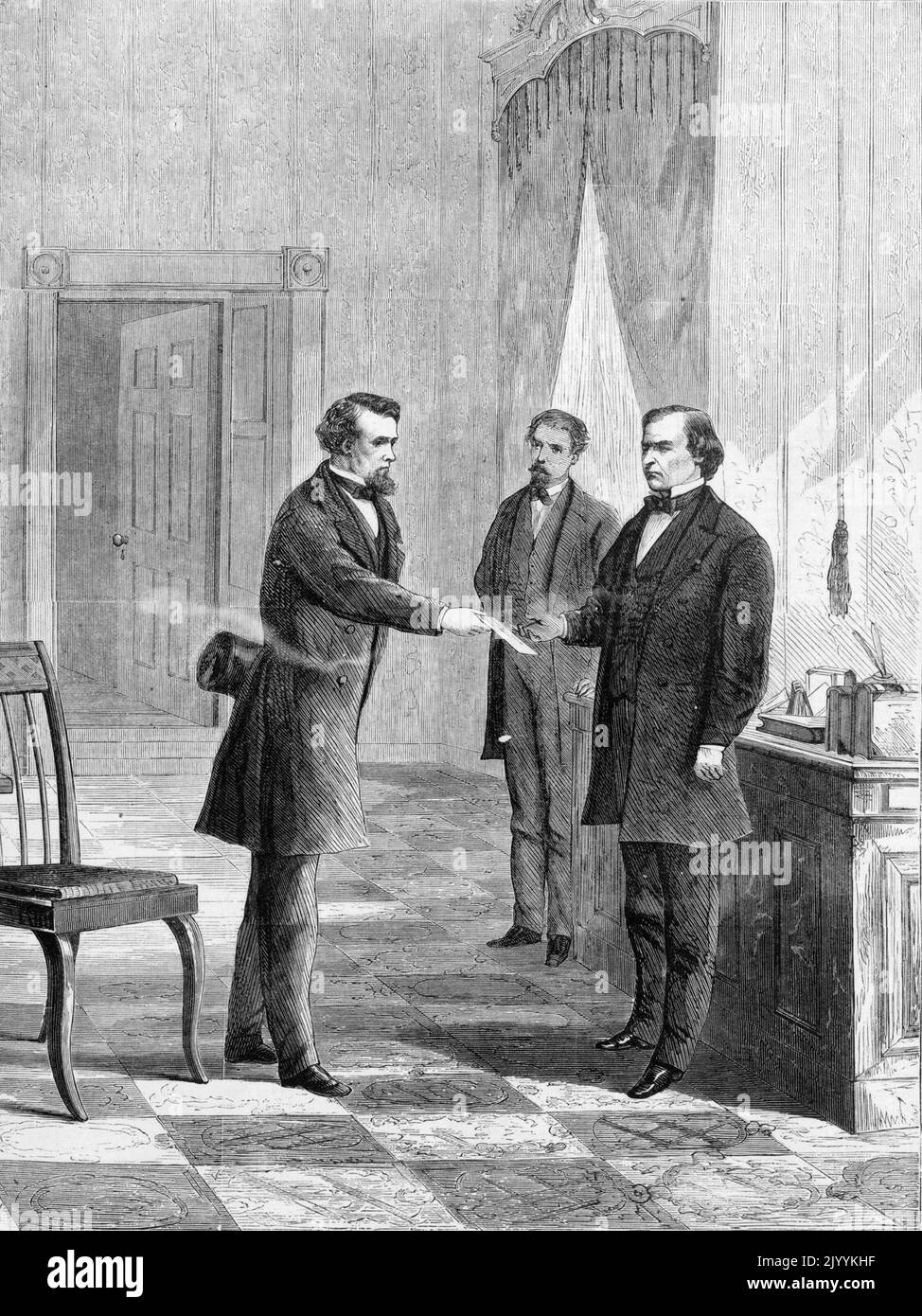 Illustrazione del sergente alle armi del senato degli Stati Uniti George T. Brown che consegna una citazione per il processo di impeachment a Johnson alla Casa Bianca il 7 marzo 1868 Foto Stock