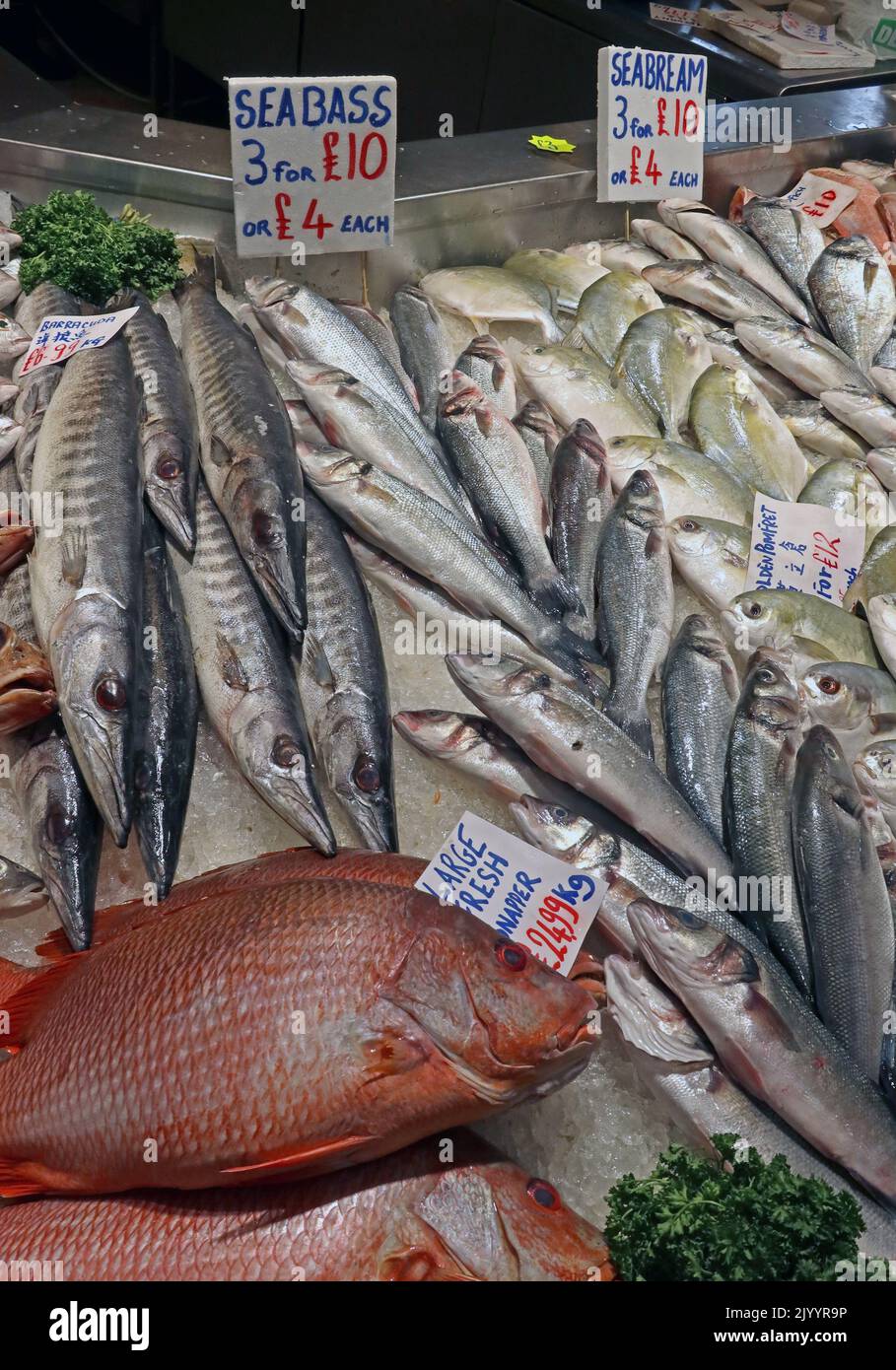 Pescivendolo del mercato al coperto di Manchester, pesce fresco tutti i giorni, bancarella di pesce delle balene, Arndale Centre, High St. Manchester, Inghilterra, Regno Unito, M4 2HU Foto Stock