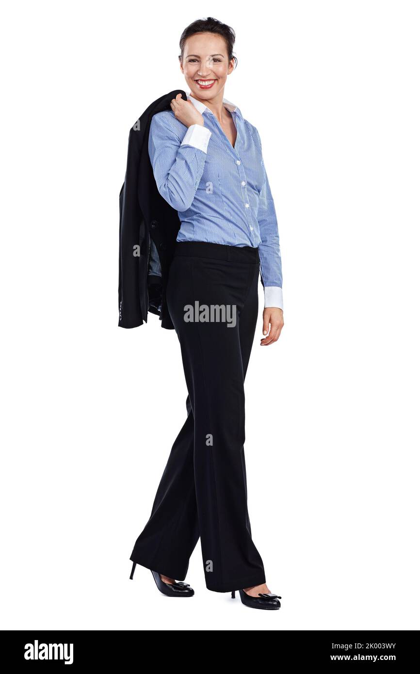 Ceneri una donna di carriera. Ritratto completo di una donna d'affari su sfondo bianco. Foto Stock