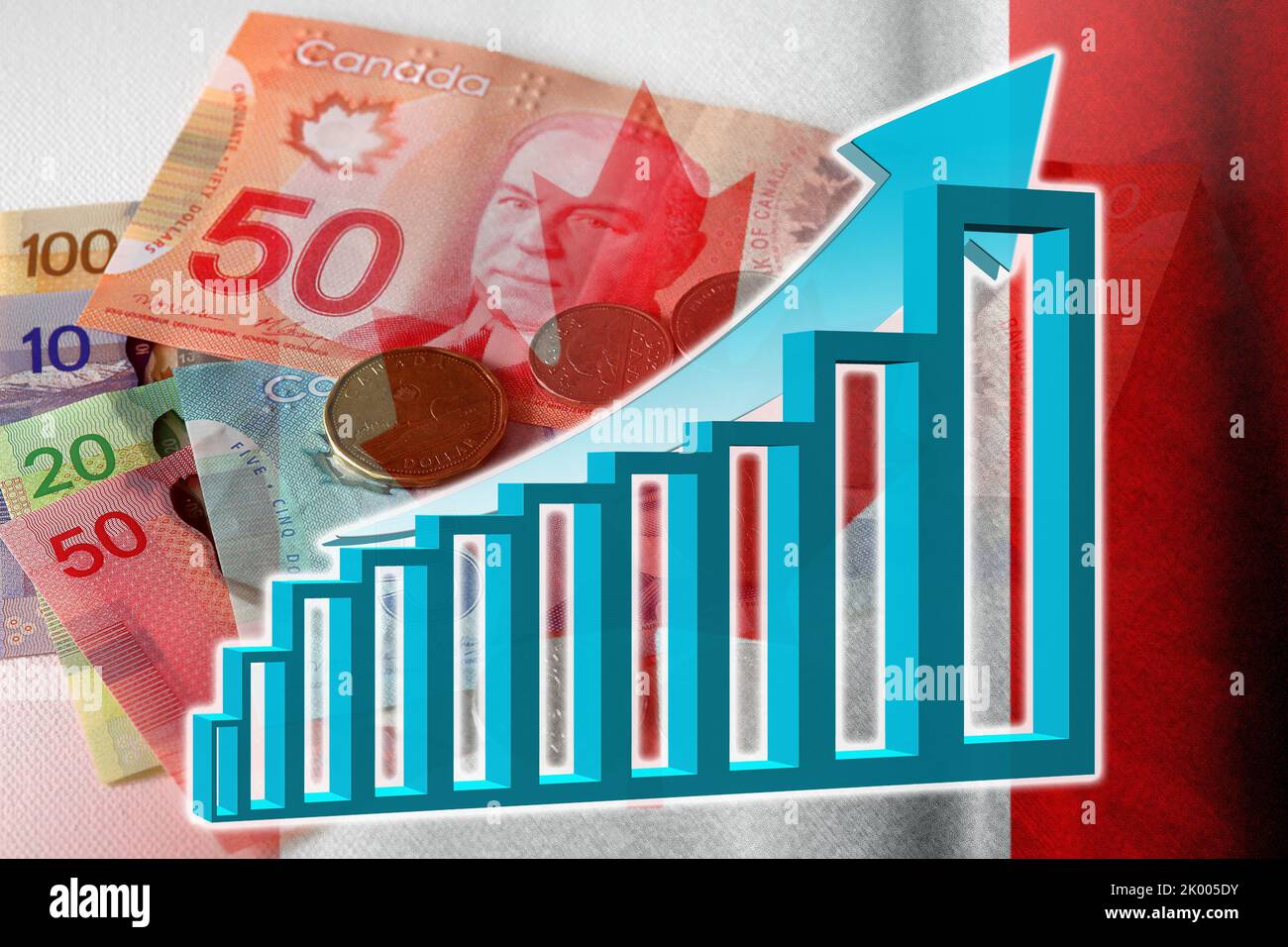 Economy chart: Freccia in aumento, banconote e monete in dollari canadesi e bandiera del Canada (Money, Economy, Business, Finance, Crisis) Foto Stock