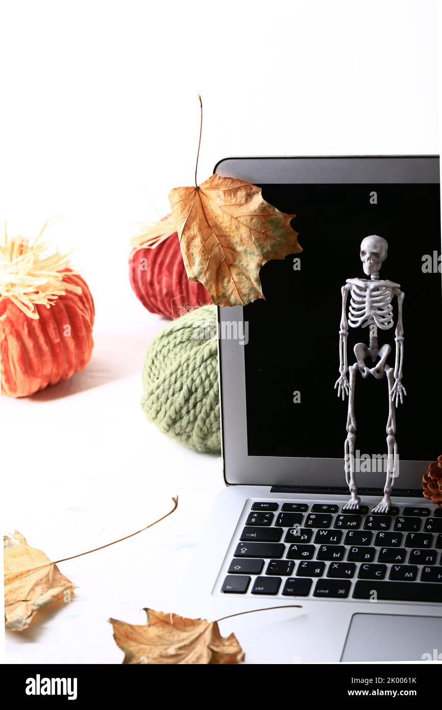 Derisione autunnale. Vendita di Halloween. Scheletro di notebook foglie autunnali Foto Stock