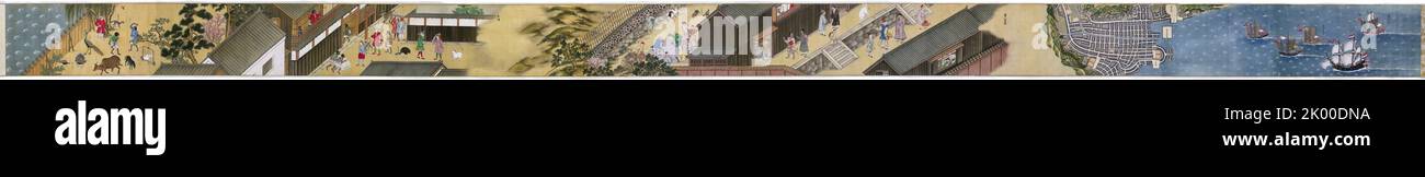 Giappone: "Il posto di commercio a Dejima". Dipinto a scrocco in seta di un pittore anonimo, c. 1840. Dipinto su una seta e carta di 6 metri ‘makimono’, un dipinto a spirale giapponese, questa scena raffigurante i commercianti olandesi a Dejima, vicino a Nagasaki, indica il modo in cui gli strani europei sono stati visti dai giapponesi durante il periodo Edo. Tutti i Dutchmen hanno capelli rossicci-marroni, indossano costumi stravaganti e doff i loro cappelli l'uno all'altro. Dejima, o Deshima (letteralmente “Isola di uscita”), è una piccola isola artificiale costruita per i commercianti stranieri nella baia di Nagasaki nel 1634 durante il periodo Edo. Foto Stock