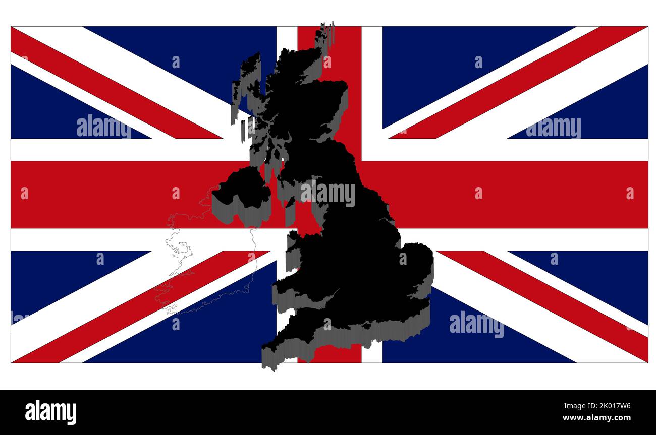 Queen Elizabeth II: Bandiera union Jack e silhouette nera Regno Unito in grafica 3D. Foto Stock