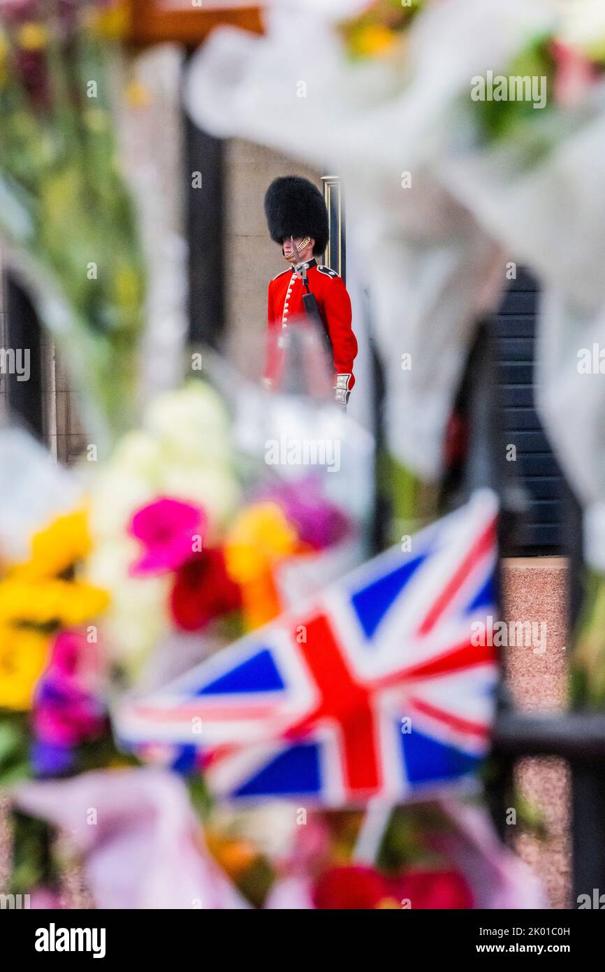 Londra, Regno Unito. 9th Set, 2022. I lutto si riuniscono a Buckingham Palace mettendo i fiori e pagando i loro rispetti - la regina Elisabetta il secondo è morto ieri nel suo anno di Jubillee platino al castello di Balmoral. Credit: Guy Bell/Alamy Live News Foto Stock