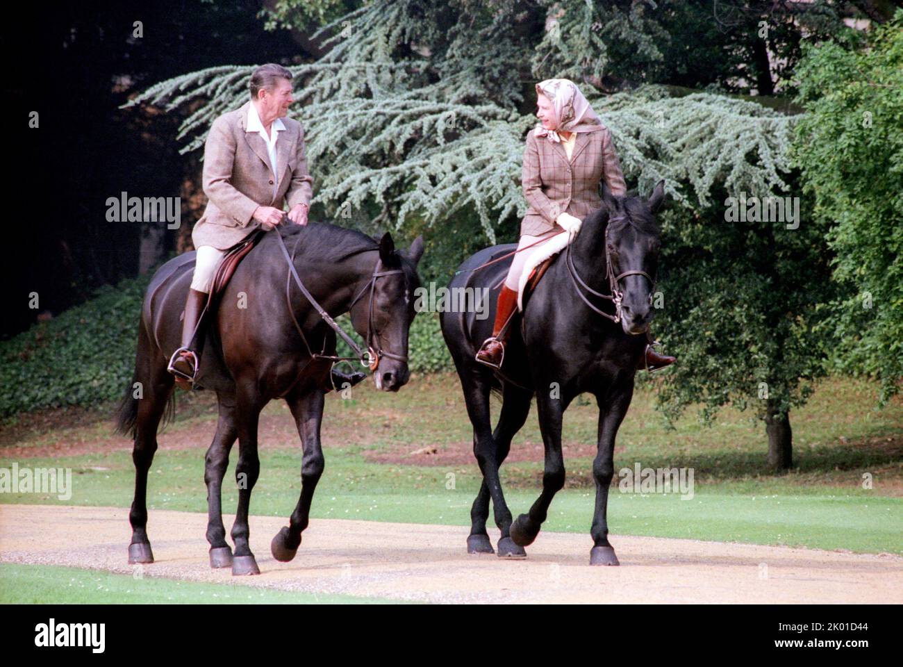 Il Presidente Ronald Reagan Riding Horses con la Regina Elisabetta II durante la visita al Castello di Windsor, 8th giugno 1982. Foto Stock