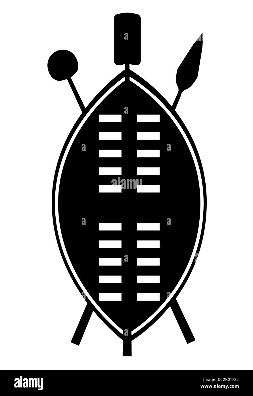 Icona dello scudo zulu africano su sfondo bianco. Simbolo dello Scudo Africano. Scudo africano con simbolo a lance. Stile piatto. Foto Stock