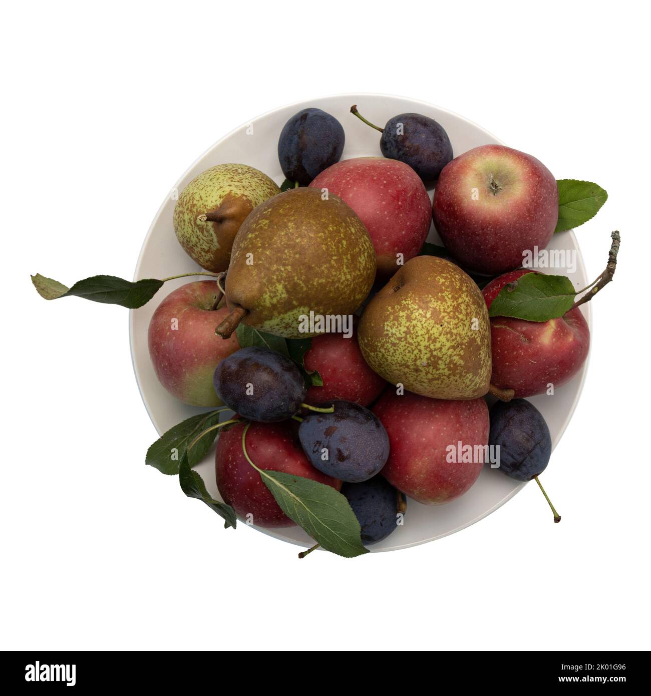 piatto con diversi frutti freschi isolati su bianco, autunno fermo vita, pere biologiche, mele, prugne, raccolto autunnale Foto Stock