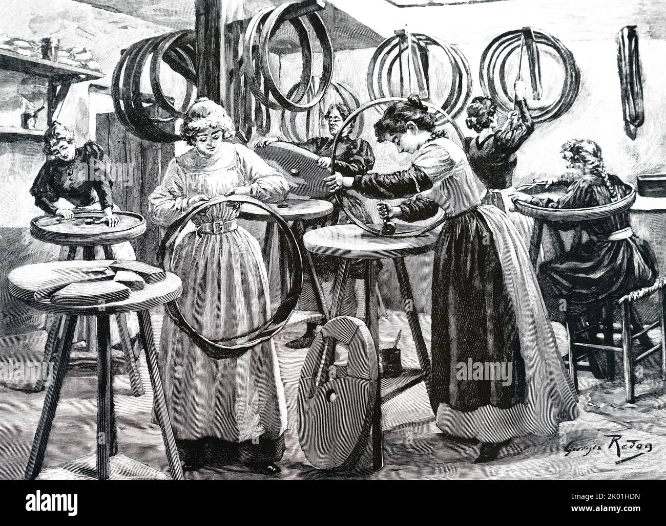 Donne che fabbricano pneumatici per biciclette. Dal Journal de la Jeunesse, Parigi, 1896. Foto Stock