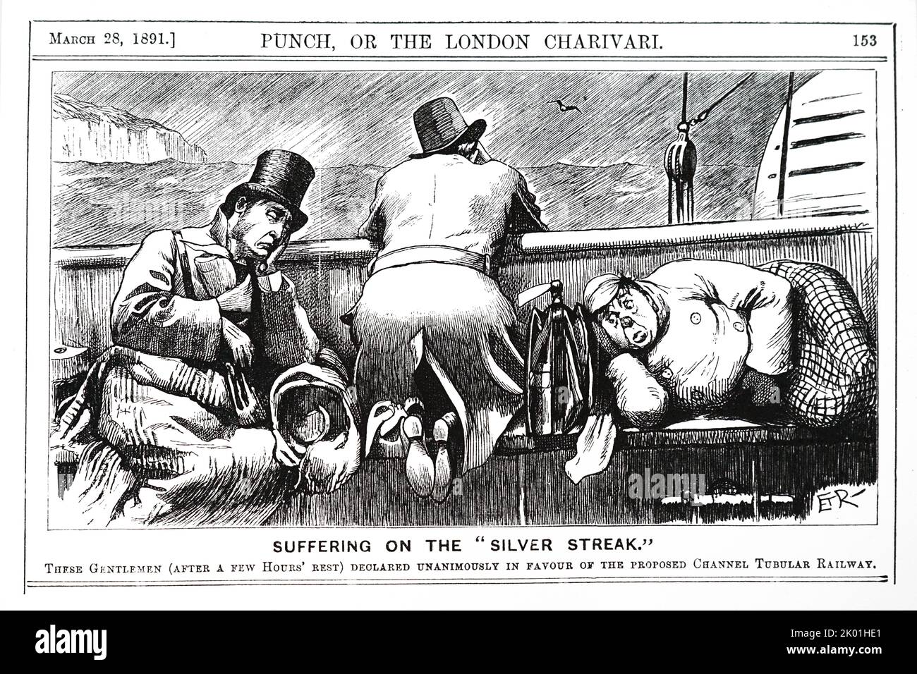 Il tunnel sotto la Manica - vantaggi concreti. Cartone animato da Punch, Londra, 28 marzo 1891. Foto Stock