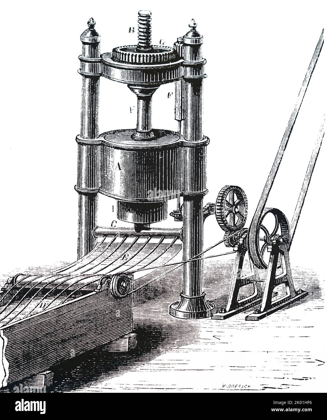 Lavorazione del filo elastico. Da Louis Figuier Les Merveilles de l'Industrie, Parigi, nd. 1870. Foto Stock