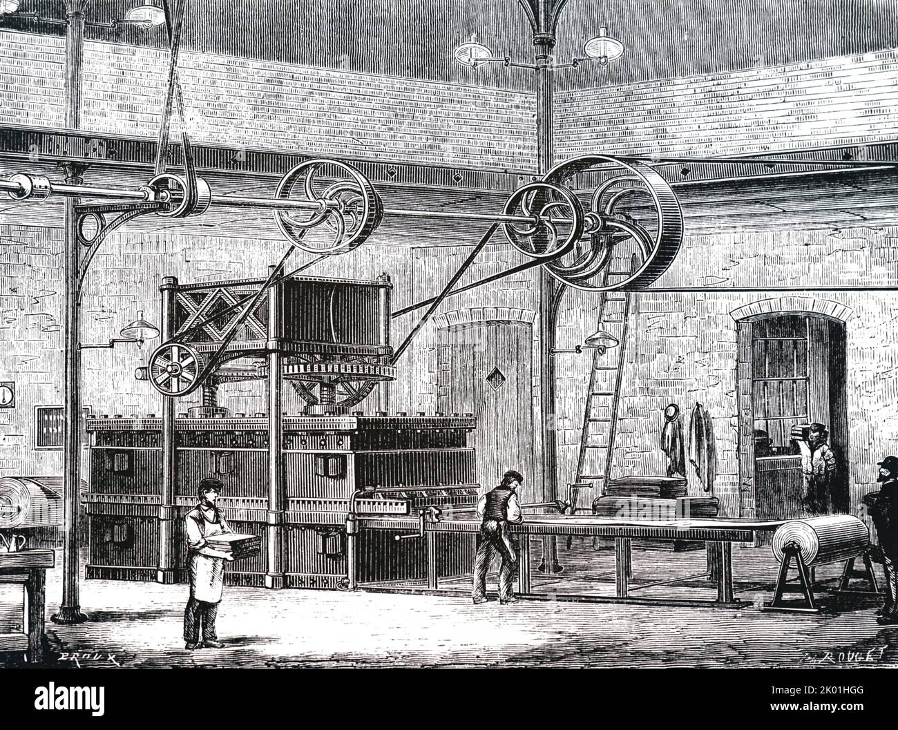 Apparecchiatura per la vulcanizzazione a secco di gomma. Da Louis Figuier Les Merveilles de l'Industrie, Parigi, nd. 1870. Foto Stock