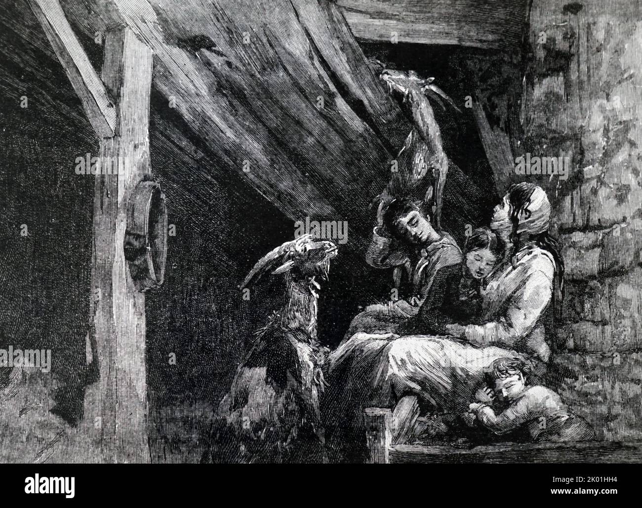 Madre e bambini intrappolati in un capannone di capra per sette settimane da una valanga. Dal Journal de la Jeunesse, Parigi, 1889. Foto Stock