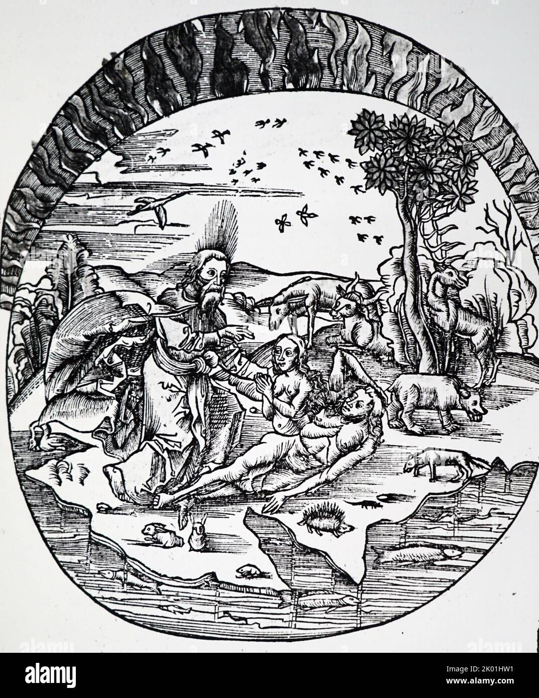 Il concetto di Thale della Terra piatta che galleggia sull'acqua. Sopra di loro, aria e fuoco completano i quattro elementi greci, mentre sulla Terra Dio crea Eva dall'Adamo che dorme. Da Gregor Reisch Margarita Philosophica, Basilea, 1508. Foto Stock