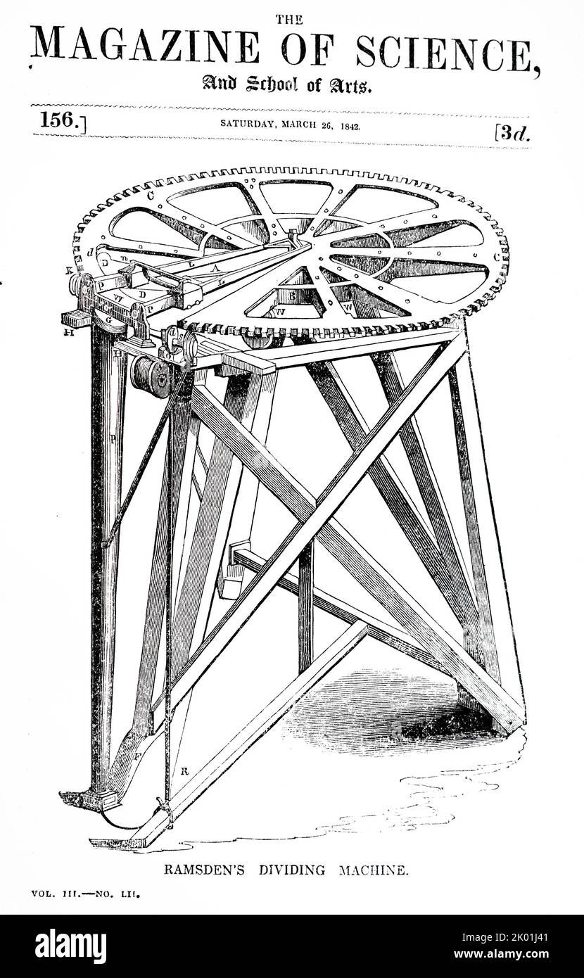 Motore di divisione per Jesse Ramsden (1735-1800). Dalla rivista The Magazine of Science, Londra, 26 marzo 1842. Foto Stock