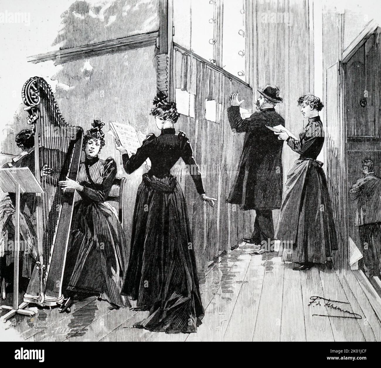 Le Petit Theatre, Parigi: Musicisti e attori che creano il suono per il teatro delle marionette. Da la Science Illustree, Parigi, 9 aprile 1892. Foto Stock