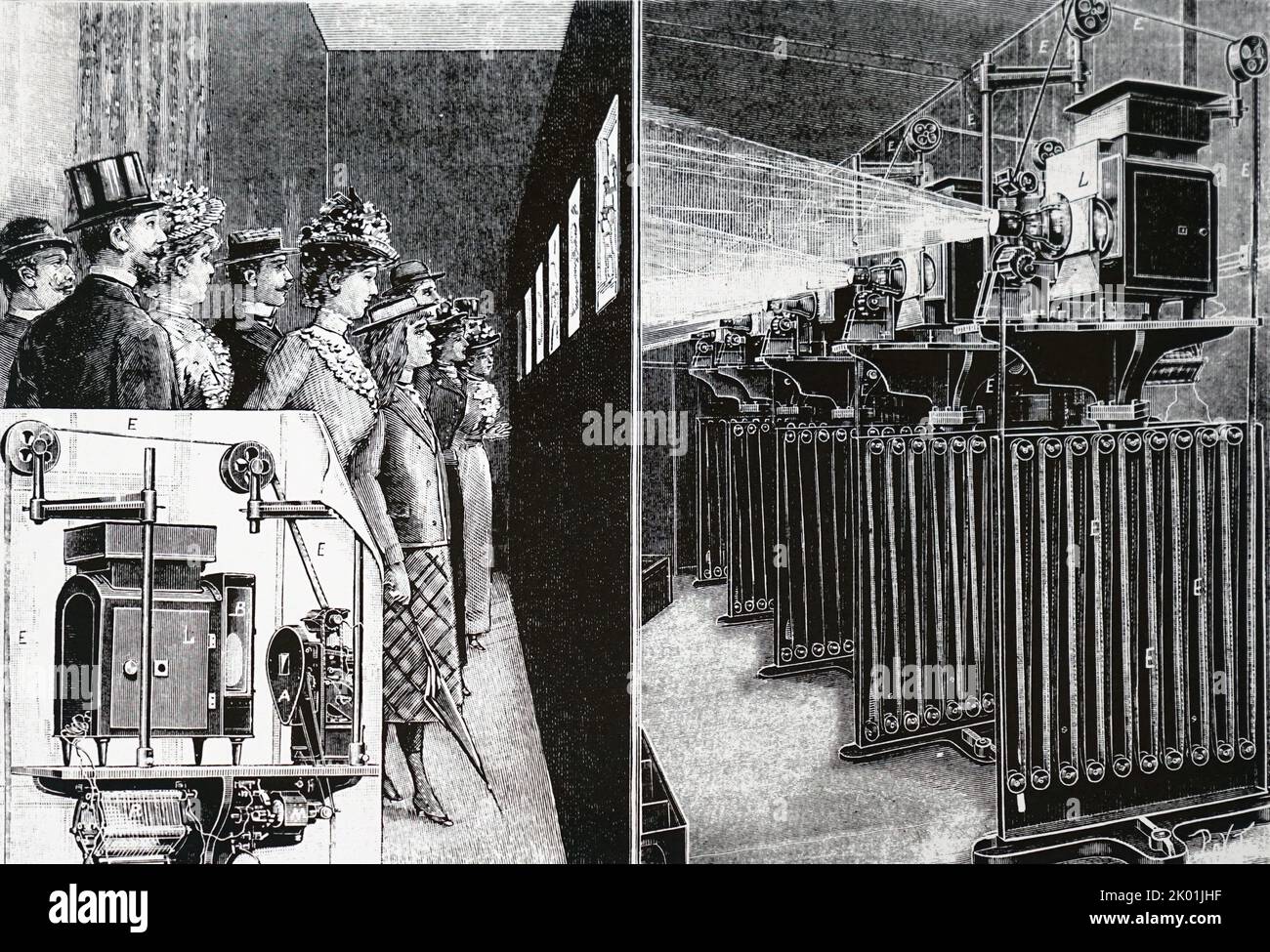 Proiettori a loop continuo utilizzati all'esposizione di Parigi del 1900. Questi sono stati costruiti da Gaumont su progetto di G Demeny. Foto Stock