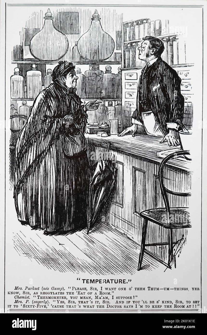 Vecchia signora in visita alla farmacia, 1887. Foto Stock