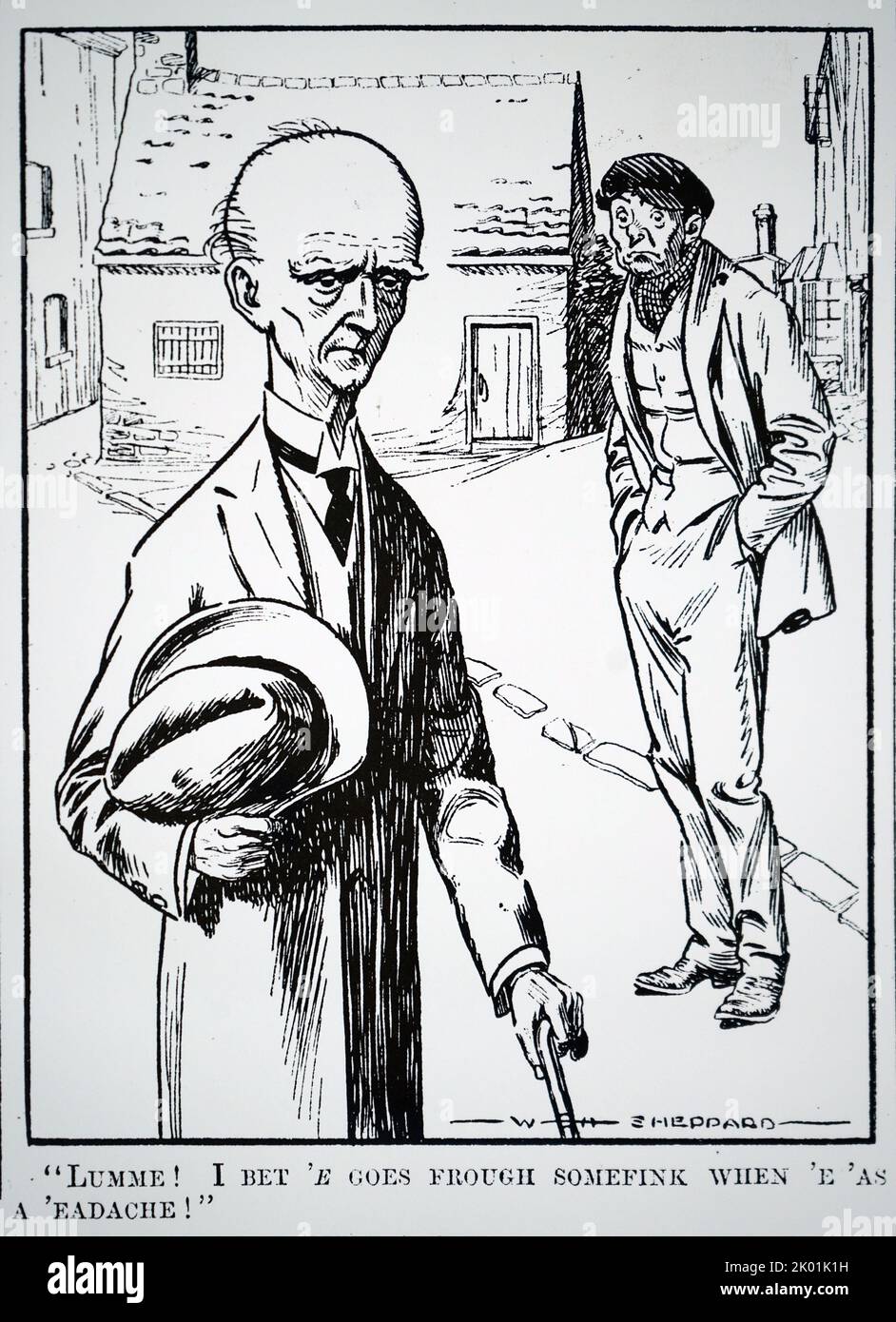 Uomo con cranio grande. Cartone animato da Punch, 1912. Foto Stock