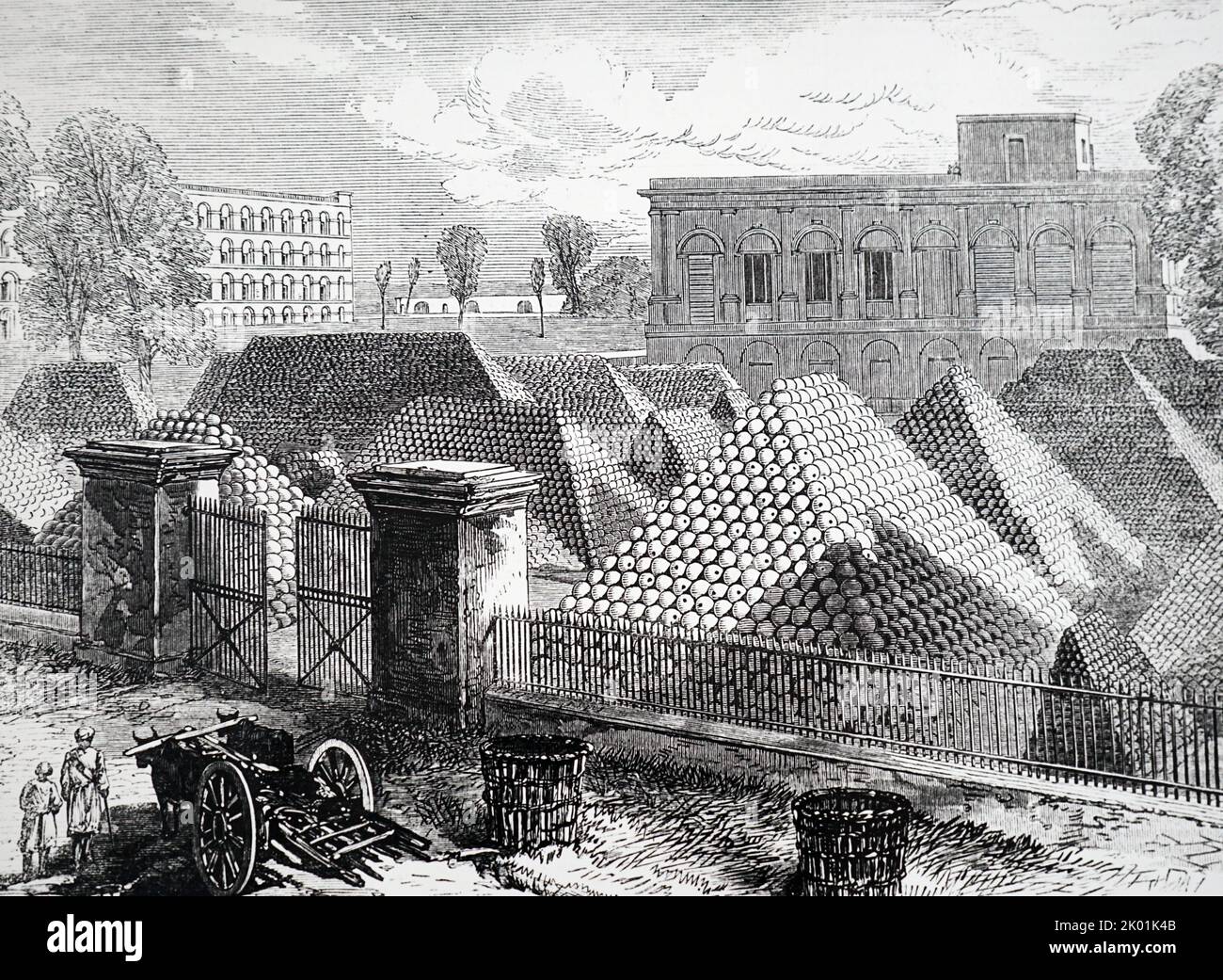 Casa del Governo Fort e Dalhousie Barracks, Calcutta. Le munizioni sono impilate in piramidi. Foto Stock