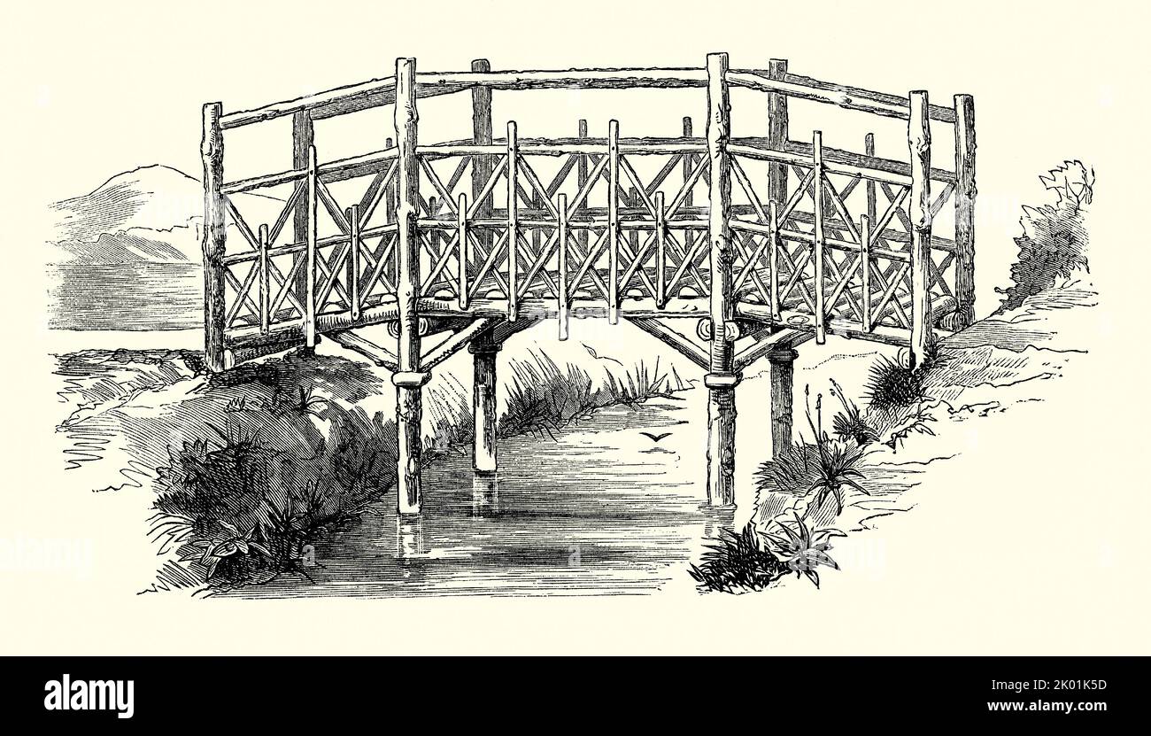 Un'antica incisione vittoriana di un design per un rustico, legno, ponte pedonale giardino. È da un libro di 1890. Qui il ponte si estende su un corso d'acqua, ruscello o stagno nel giardino. Foto Stock