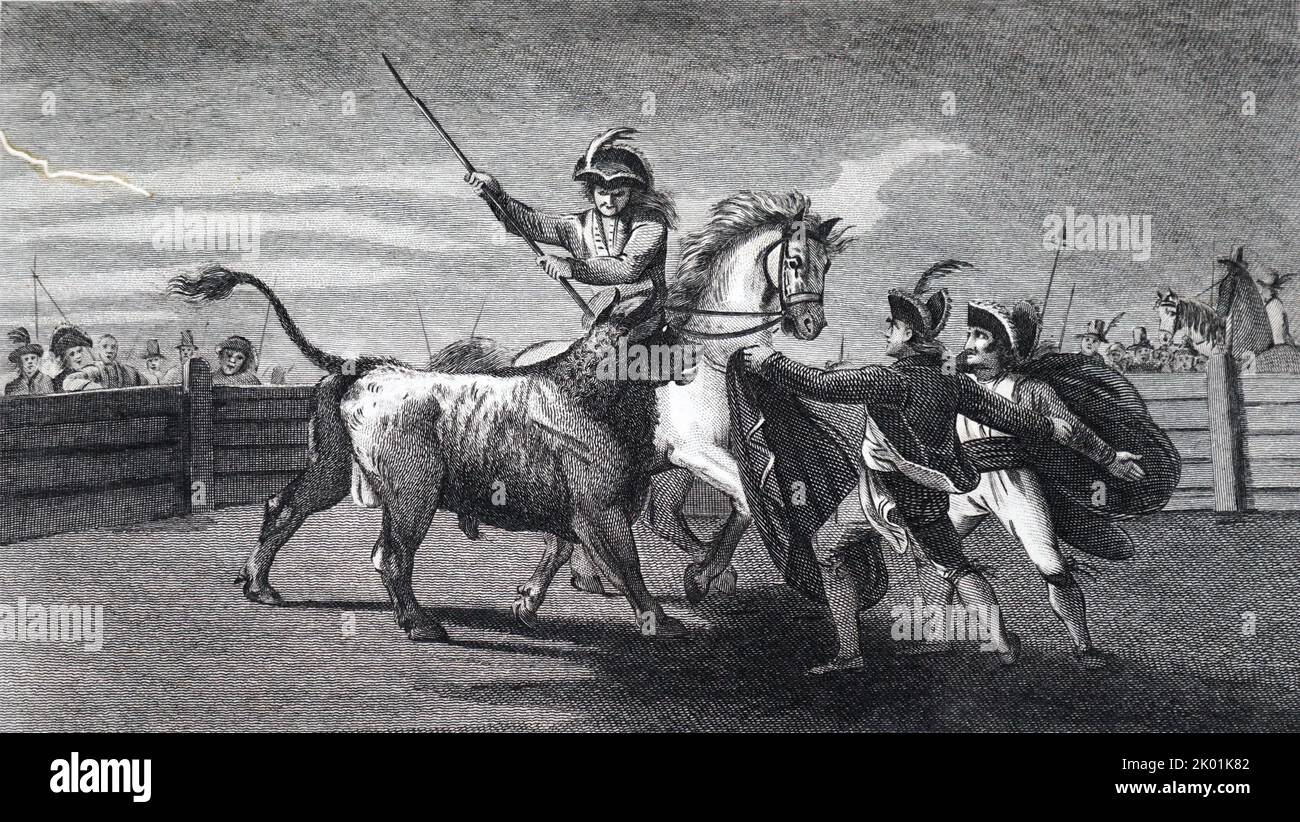 Un toro spagnolo lotta. Dal Rev. Edward Polehampton, Londra, 1815. Foto Stock
