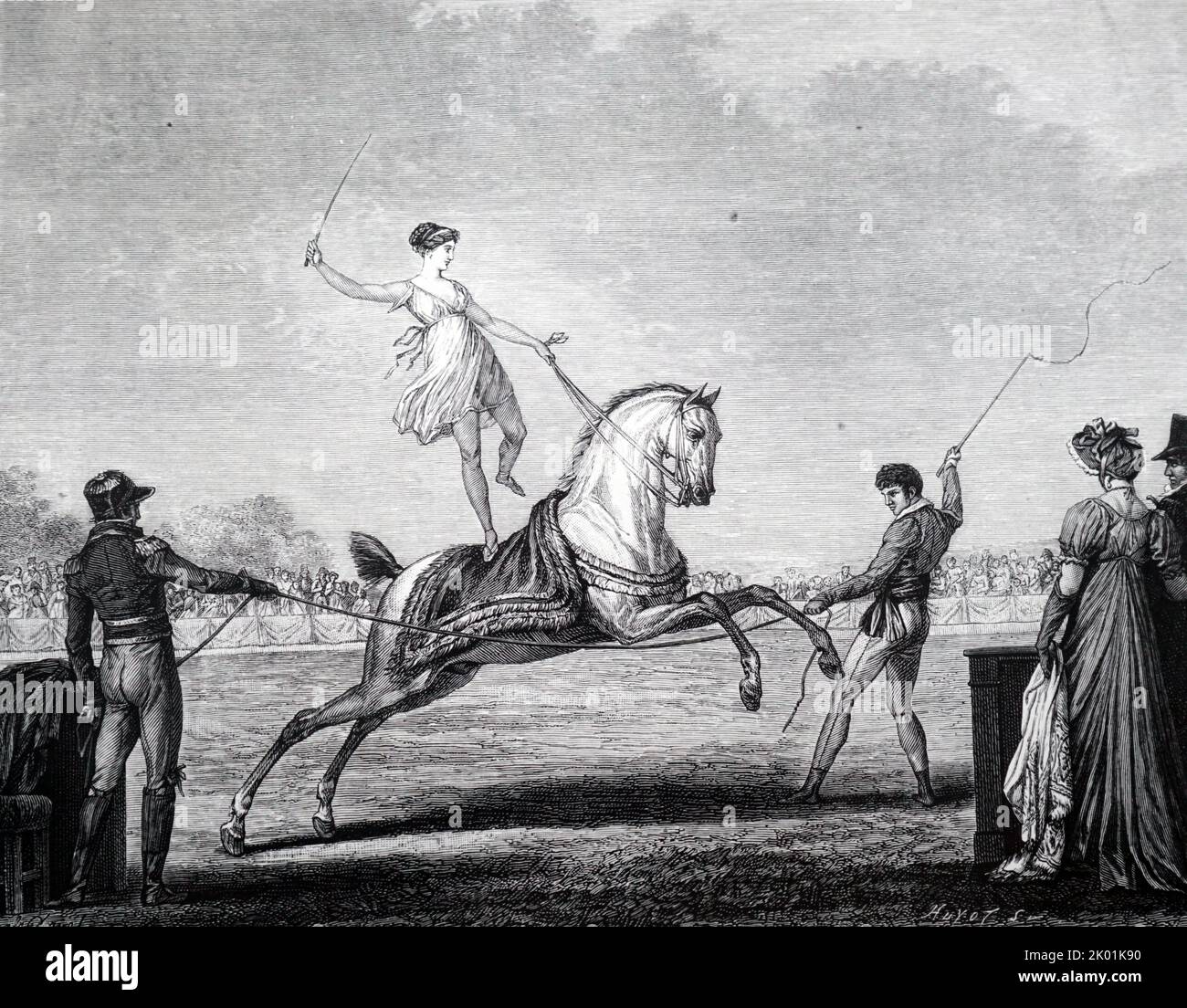 Lady bareback rider che si esibisce al Franconi's nei Giardini delle Capuine di Parigi. Da Lacroix Directoire, Consulat et Empire, 1795-1815. Parigi, 1894. Foto Stock