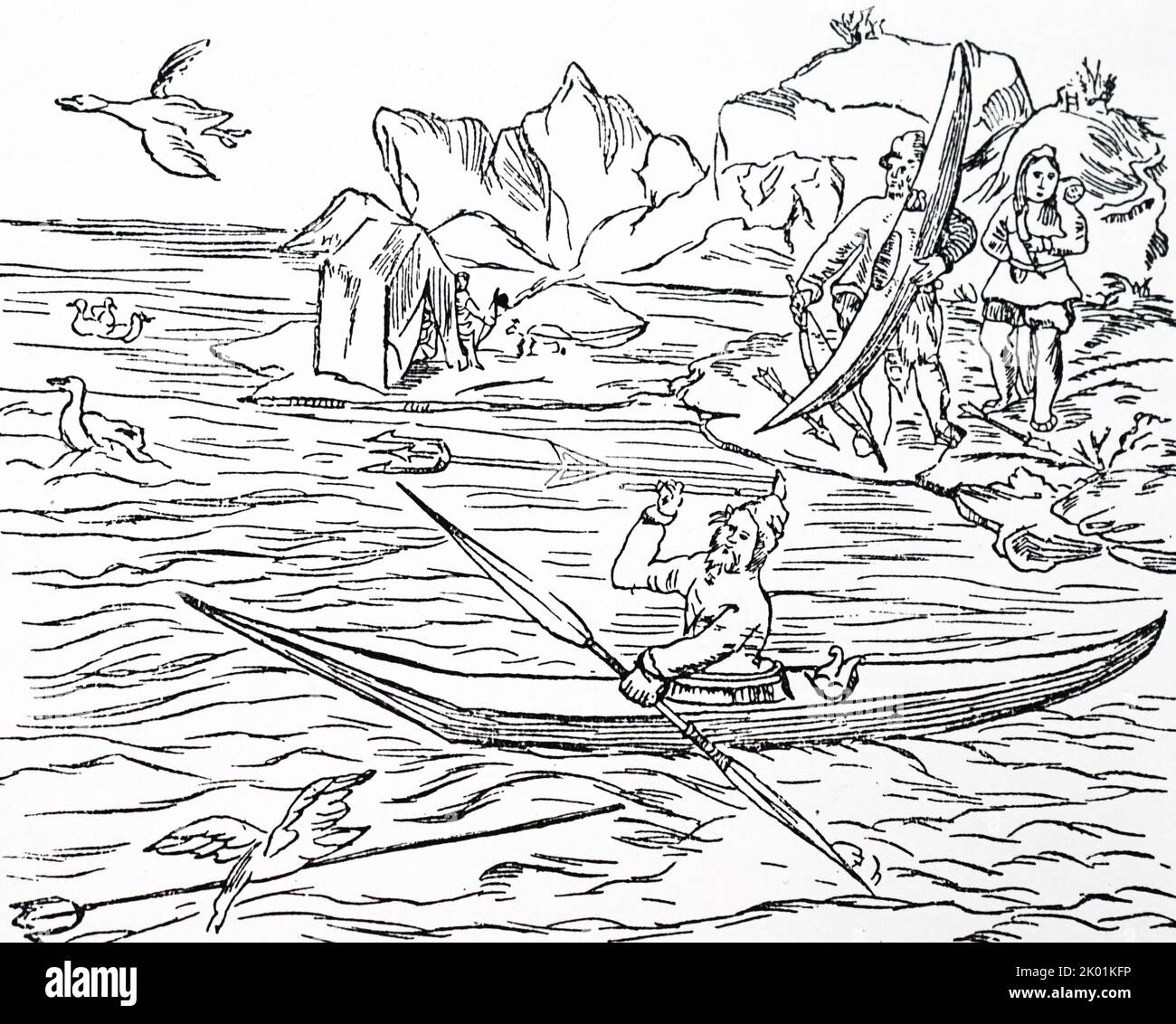 I Greenlanders incontrati da Martin Frobisher durante il suo viaggio alla ricerca del passaggio Nord Ovest nel 1576. Dal racconto del 1578 di Beste sui viaggi di Frobisher. Foto Stock