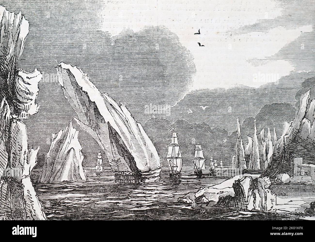 La spedizione di Ross del 1818 alla ricerca del passaggio Nord Ovest. Le navi tra gli iceberg. Foto Stock