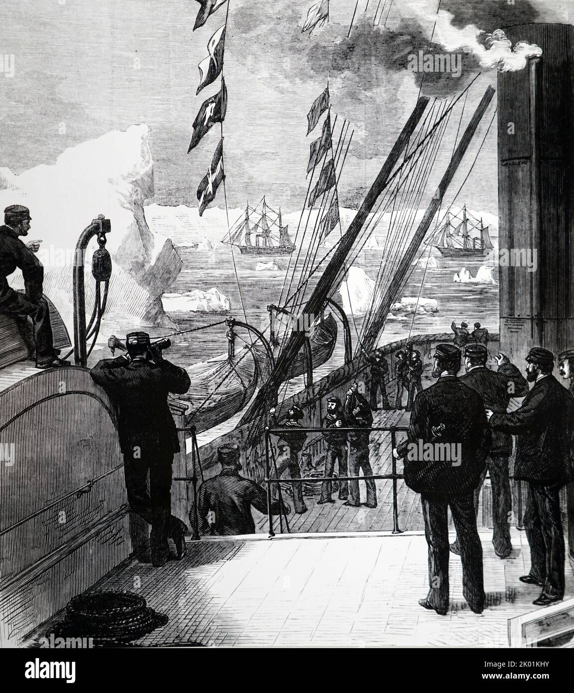 Spedizione artica britannica: HMS salutando valoroso HMS Alert e HMS Discovery vicino all'ingresso di Baffin's Bay. Foto Stock