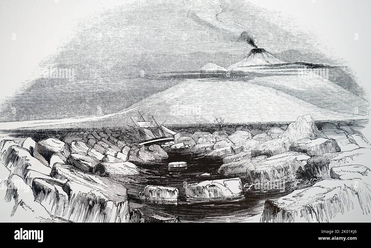 Victoria Land con il Monte Erebus e il Monte Terrore estinto, scoperto da James Clark Ross durante la sua indagine geografica dell'Antartico. Foto Stock