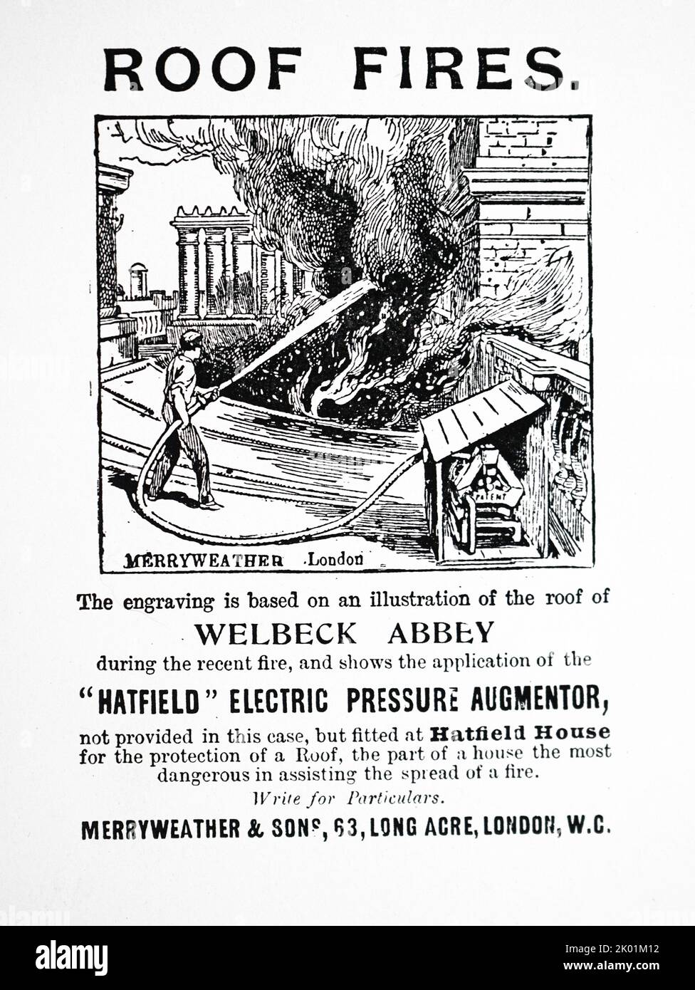 Rivista pubblicitaria per attrezzature antincendio per case signorili. Merryweather & Sons, 1900. Foto Stock