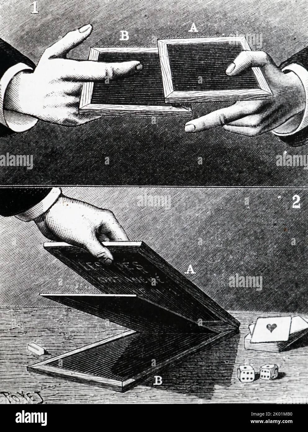 Metodo di produrre la scrittura di spirito usando un ardesia con un fronte falso dietro che era un messaggio preparato. Foto Stock