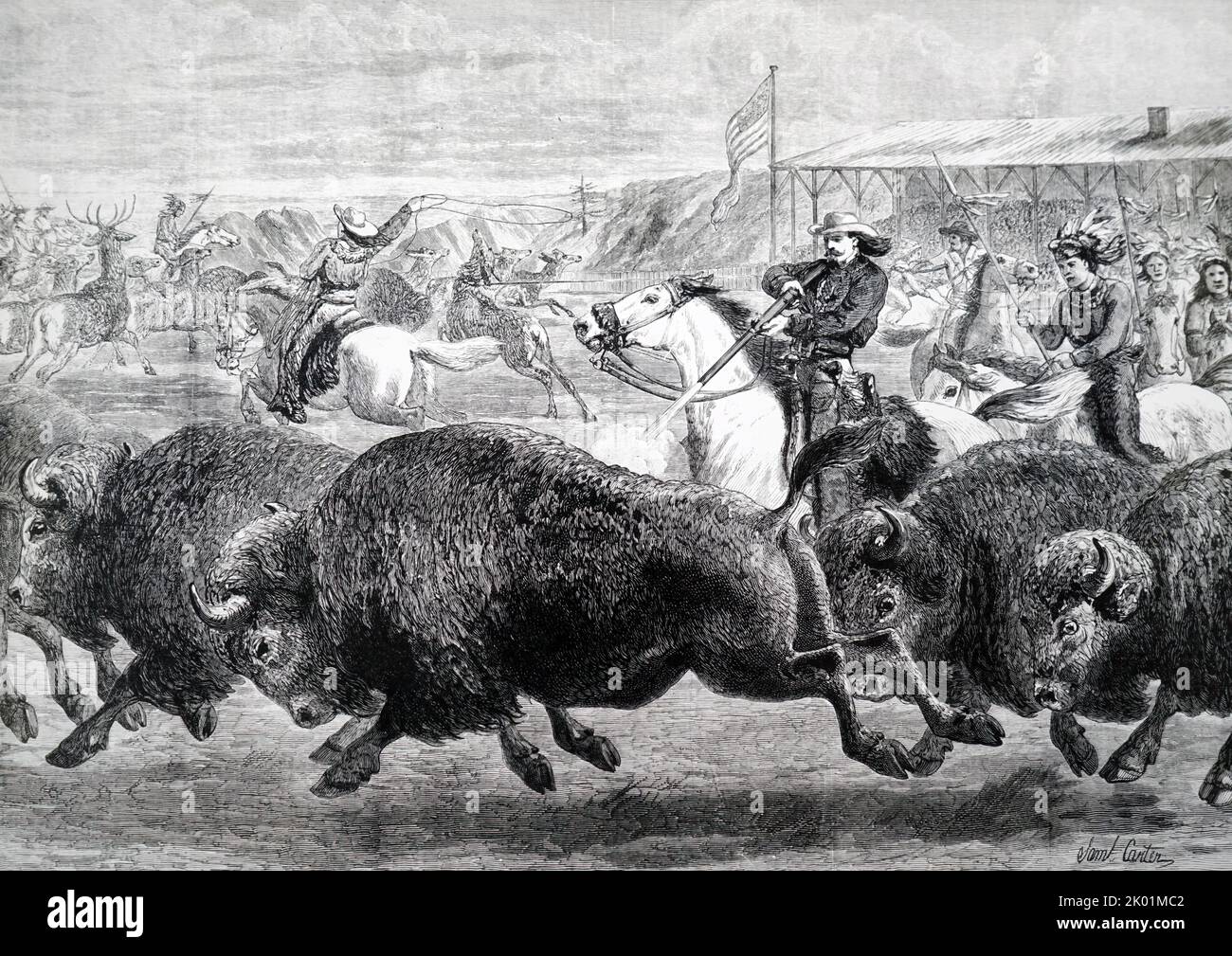 Buffalo Bill (William F Cody) organizza una finta caccia al bufalo e al wapiti nel suo spettacolo del selvaggio West all'American Exhibition di Olympia, Londra. Foto Stock