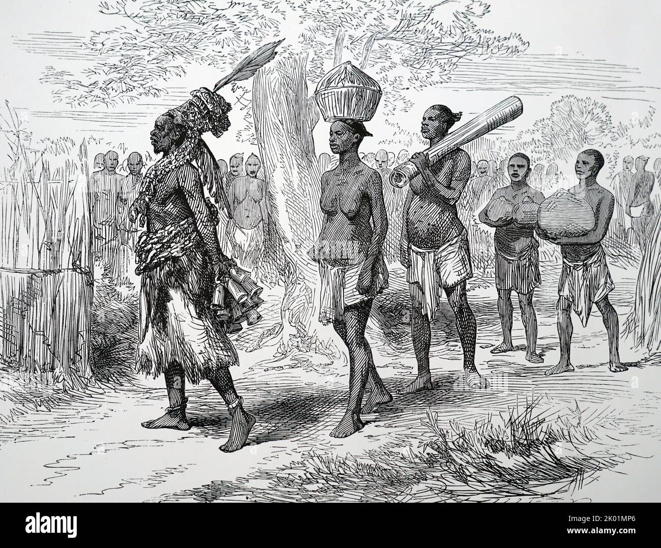 Mrua uomo di medicina e i suoi assistenti. Da un disegno di Verney Lovett Cameron che duirng la sua spedizione africana, 1872-75. Foto Stock