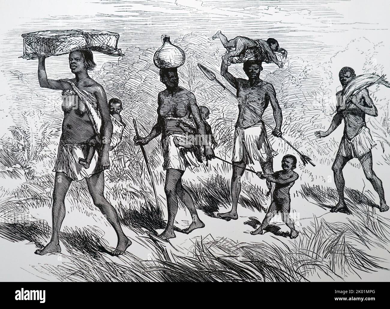 Famiglia africana sulla marcia, da un disegno di Verney Lovett Cameron che duirng sua spedizione africana, 1872-75. Foto Stock