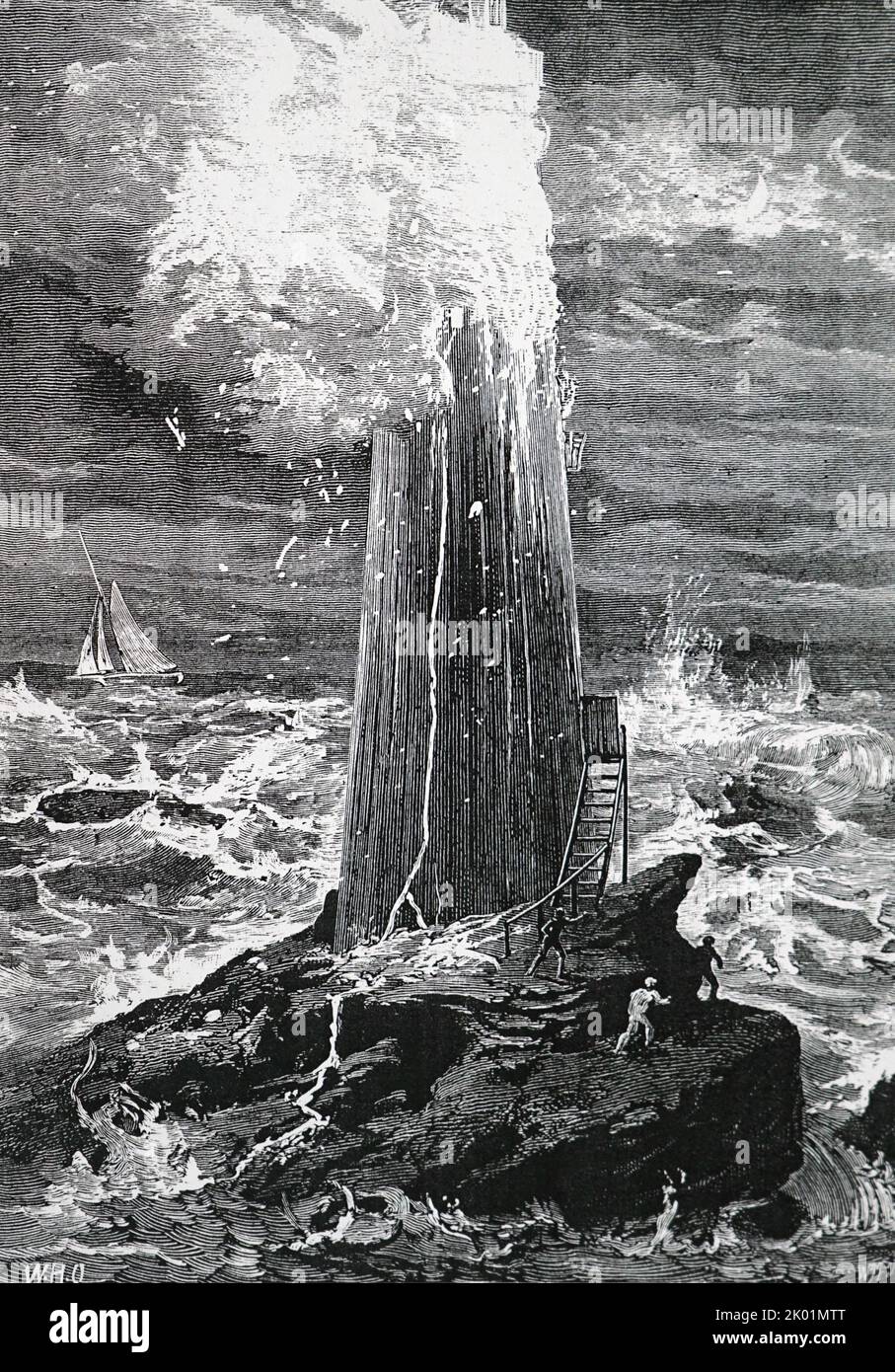 Terzo faro di Eddystone. Faro di Rudyerd sulla roccia di Eddystone, distrutto da un incendio nel 1755. Foto Stock