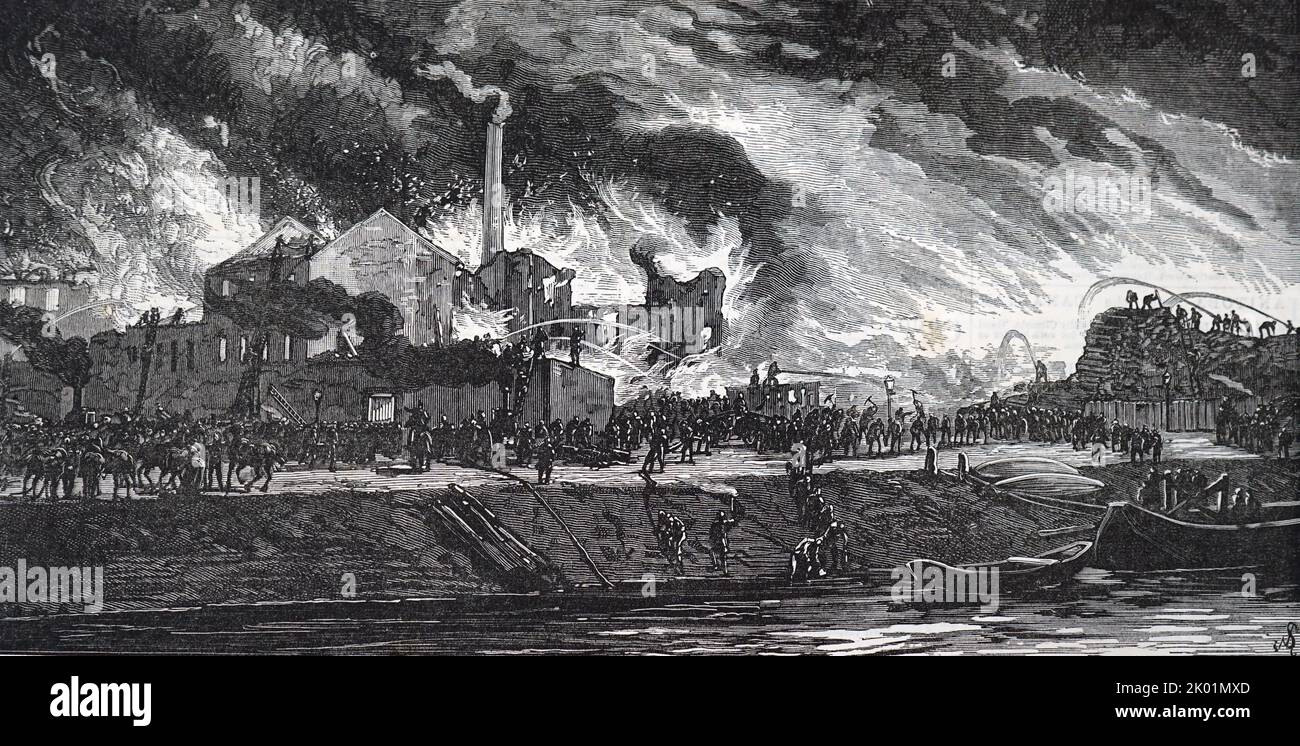 Incendio a Vienna che distrusse quattro grandi cantieri di legname. Foto Stock