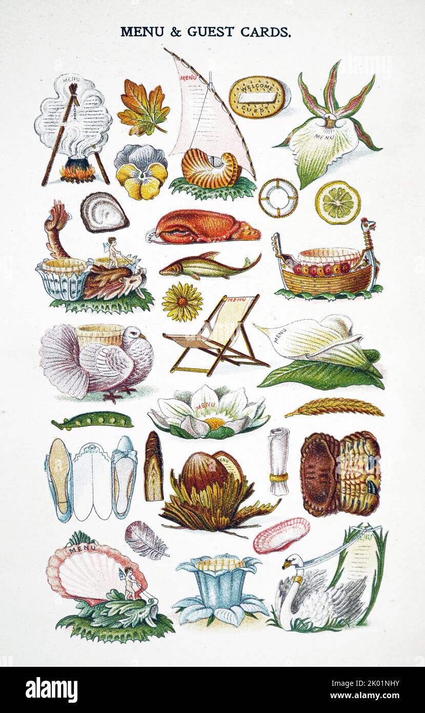 Design per i titolari di menu e i titolari di nomi dei luoghi degli ospiti. Oleografo fine 19th ° secolo. Foto Stock