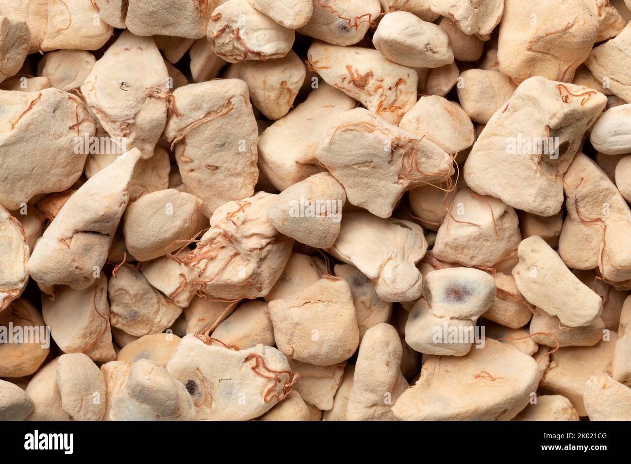 La polpa di frutta di Baobab grezza essiccata si avvicina alla struttura intera come sfondo Foto Stock