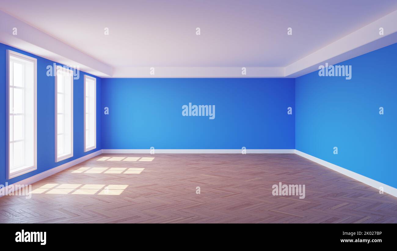 Interno della Sala Sunny con pareti blu, tre grandi finestre, cornicione bianco soffitto, pavimento in parquet lucido a spina di pesce e un plinto bianco. Rendering 3D Foto Stock