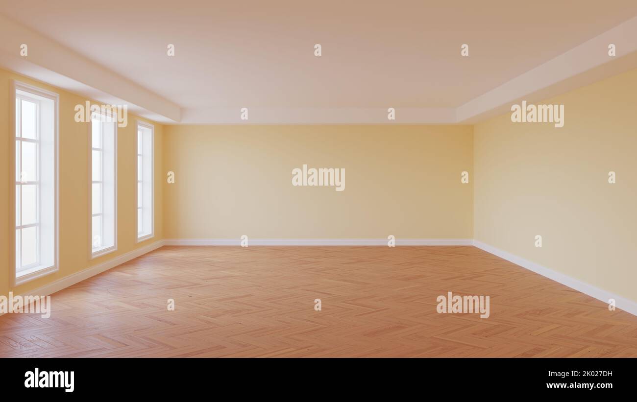 Bella camera con pareti in beige chiaro, soffitto bianco e cornicione, tre grandi finestre, pavimento in parquet a spina di pesce lucido e un plinto bianco. Interio Foto Stock