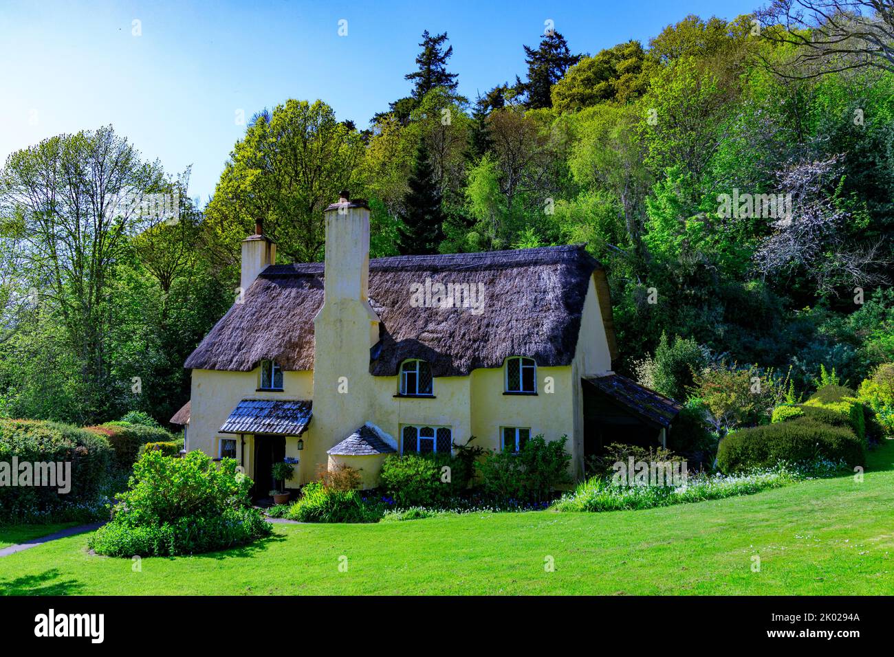 Bow Cottage è un attraente cottage in paglia a Selworthy Green sulla Holnicote Estate, Somerset, Inghilterra, Regno Unito Foto Stock