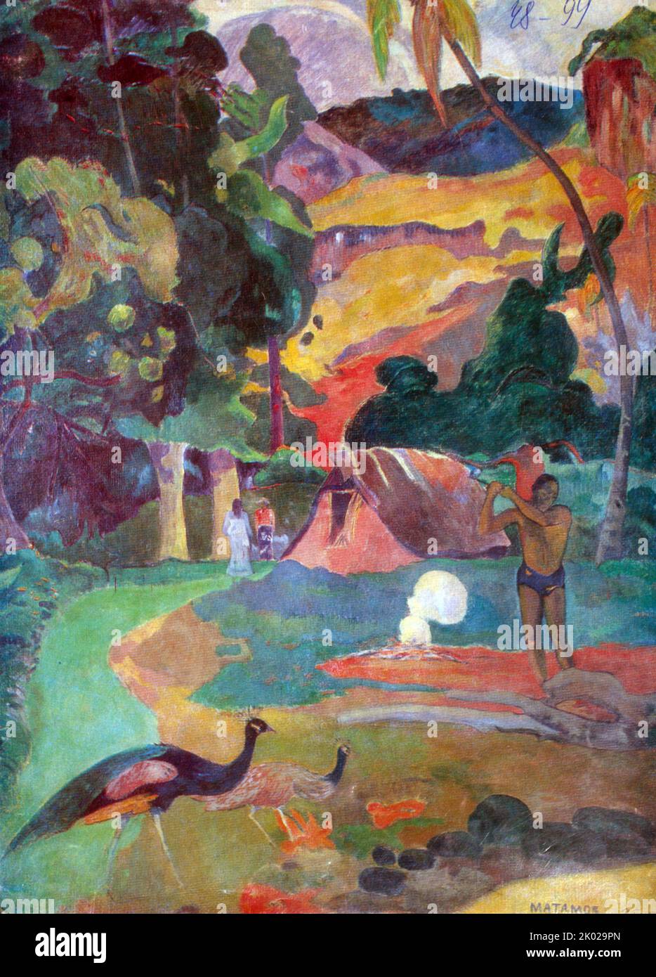 Paul Gauguin (1848-1903) matita blu. Matamoe (morte), Paesaggio con pavoni. Pittura 1892. Olio medio su tela. Pushkin Museo di Belle Arti Foto Stock